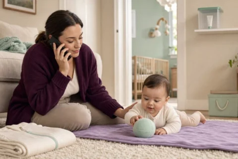 Mother on a phone call beside her awake baby playing on a lavender mat, with a generic cream tube secured on a high shelf