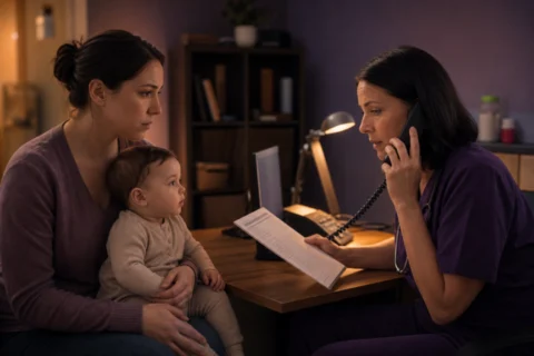 A clinician speaks on the phone while a caregiver holds a baby beside a safety checklist.