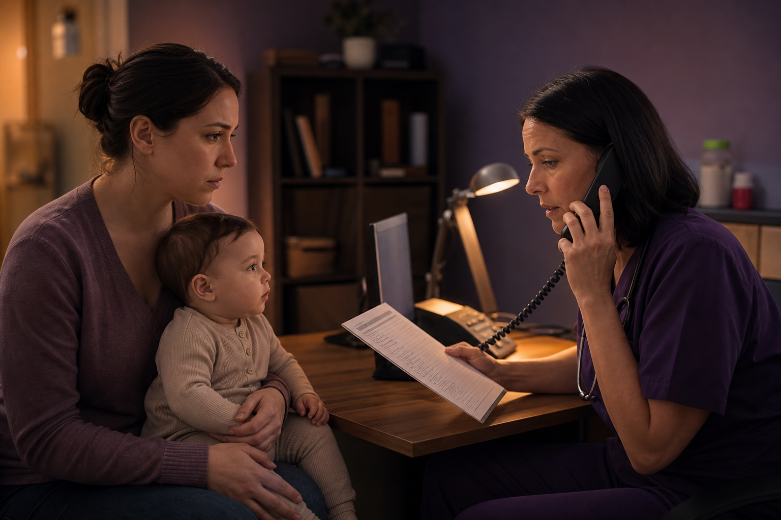 A clinician speaks on the phone while a caregiver holds a baby beside a safety checklist.