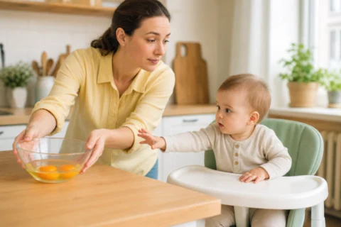 A parent slides a bowl of raw eggs away while a baby reaches from a high chair.