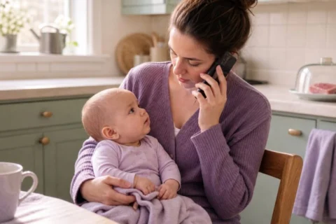 Mother holding her awake baby while making a safety advice call in a kitchen with raw meat covered on a distant counter