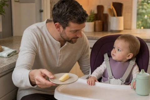 Father moves a plate with a raw potato wedge away from a calm baby strapped into a high chair.