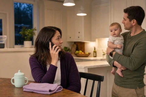 A caregiver calls for help while another holds their baby across the kitchen from a sealed pest bait station.
