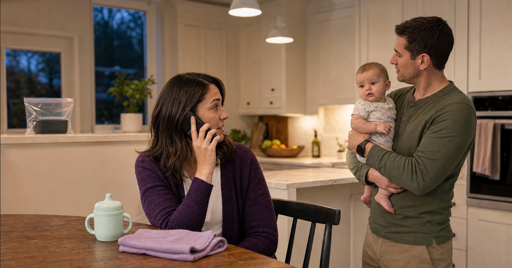 A caregiver calls for help while another holds their baby across the kitchen from a sealed pest bait station.