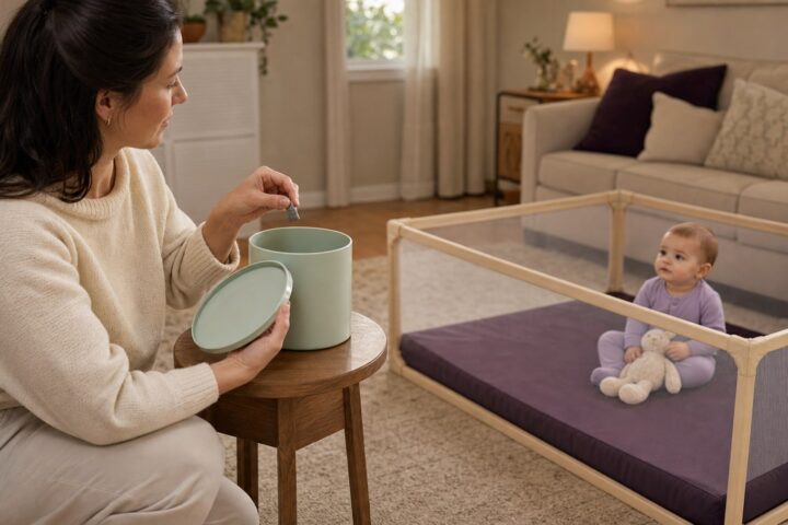 Mother places a small gray rubber piece into a mint container while a baby sits safely in a play yard.