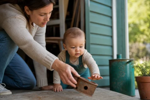 A caregiver kneels in a workshop holding a rusty metal cup while a baby lies on a blanket nearby.