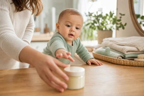 A parent reaches for a cream jar while a baby stretches across a wooden table in a bright room.