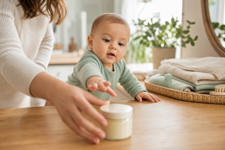 A parent reaches for a cream jar while a baby stretches across a wooden table in a bright room.