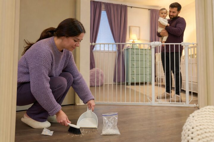 Mother sweeping silica gel beads into a bag while a father holds their awake baby behind a closed safety gate