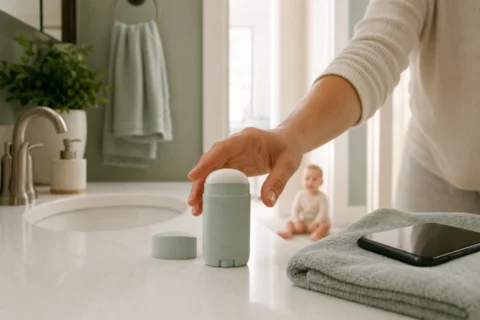 Caregiver hand reaching for a deodorant stick on a bathroom vanity beside a towel and phone.