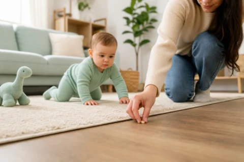 Caregiver hand picking up a tiny object from the floor while a crawling baby watches nearby.