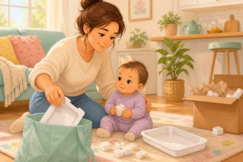 Caregiver kneeling beside a baby and a cardboard box of foam packing pieces in a sunny living room.