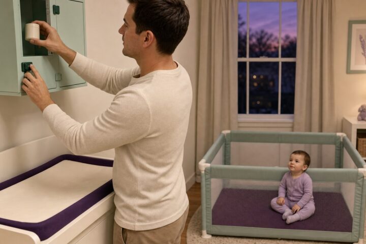 Father places a closed cream jar into a high mint safety cabinet while a baby sits in a nearby play yard.