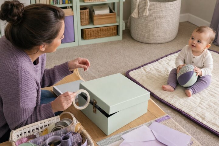 Mother placing a clear tape roll and strip into a mint storage box while her awake baby sits on a play mat