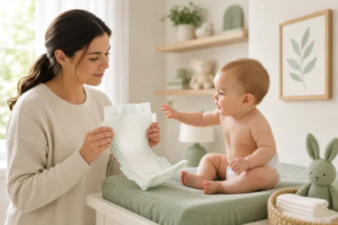 A caregiver holds an open diaper beside a seated baby on a changing table in a bright nursery.