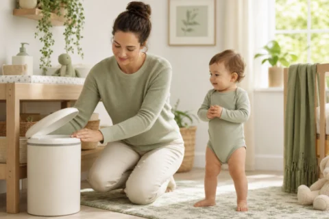 A caregiver kneels beside an open diaper pail in a nursery while a baby in a light green onesie stands nearby.
