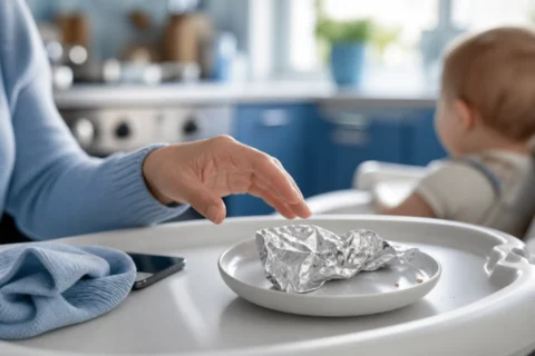 Caregiver hand hovering over a crumpled piece of tin foil on a high-chair tray beside a towel and a phone.