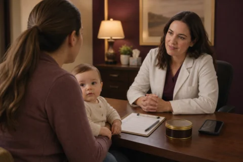 Caregiver holding a baby across from a clinician beside a checklist, a sealed tin, and a phone on a desk.