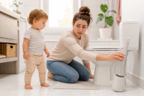 A worried parent kneels beside a toilet while a toddler watches in a bright bathroom.