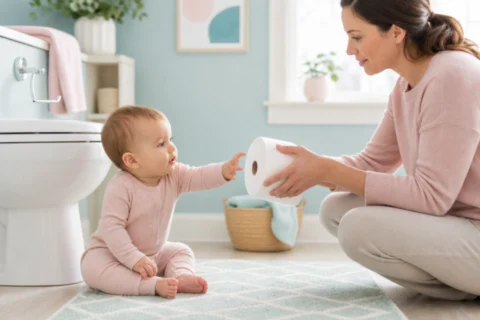 A baby in pink pajamas reaches toward a toilet paper roll while a caregiver kneels beside the bathroom toilet.