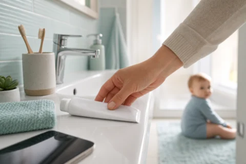 Caregiver hand reaching for a white toothpaste tube on a bathroom sink beside a towel, toothbrush cup, and phone.