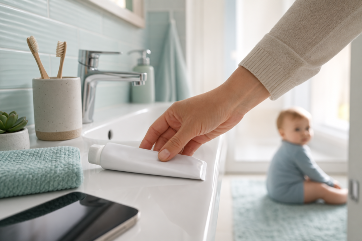 Caregiver hand reaching for a white toothpaste tube on a bathroom sink beside a towel, toothbrush cup, and phone.