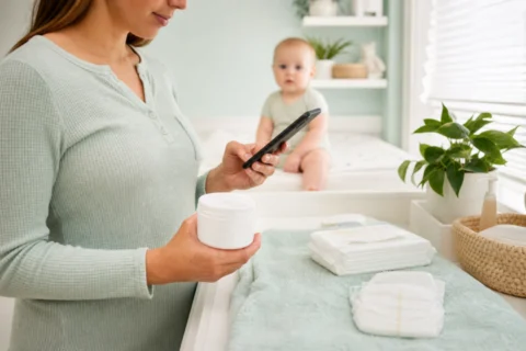 Caregiver holding a white jar beside wipes and a phone at a bright changing station with a baby in the background.