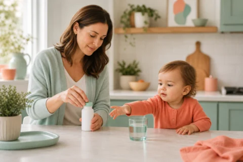 A caregiver closes a white bottle on a kitchen counter while a toddler in an orange sweater reaches toward a glass of water.