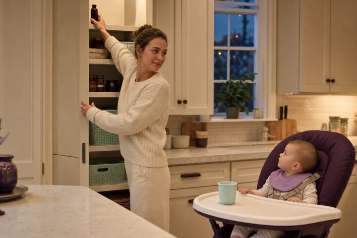 Mother places a closed amber bottle on a high pantry shelf while a baby sits harnessed in a high chair.
