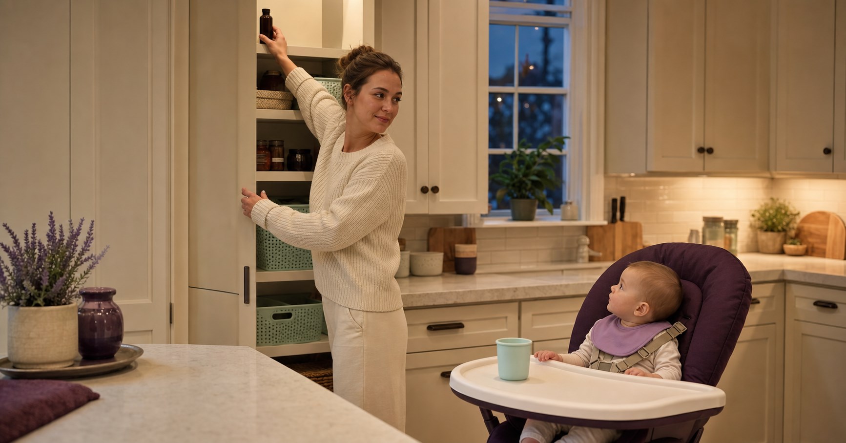 Mother places a closed amber bottle on a high pantry shelf while a baby sits harnessed in a high chair.