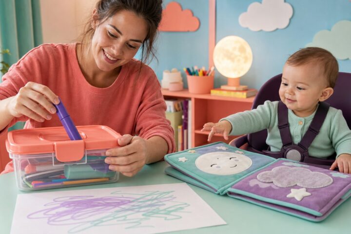 Mother puts a capped purple marker into an art caddy while a harnessed baby reaches for a large fabric picture book.