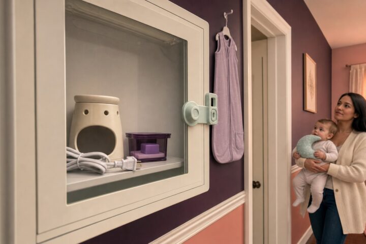 Unplugged wax warmer and sealed lavender wax cube behind a locked glass cabinet while mother holds baby in the hallway