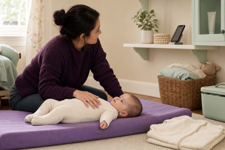 Mother listening to a phone beside her awake baby on a floor changing mat, with a capped cream tube secured in a high cabinet