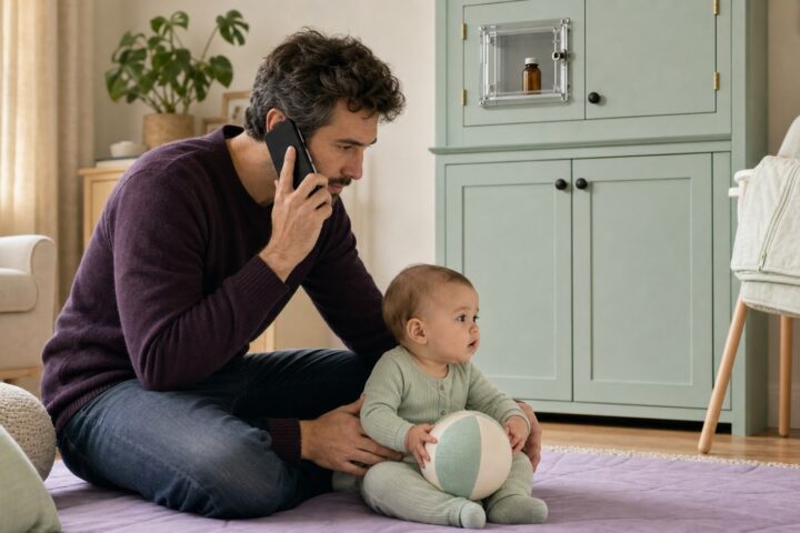 Father on a phone call while supporting his awake baby on a lavender mat, with a medicine bottle locked high behind them