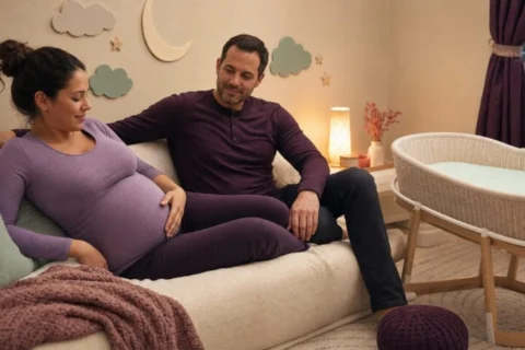 A pregnant mother rests a hand on her abdomen while reclining beside her partner and an empty bare bassinet.