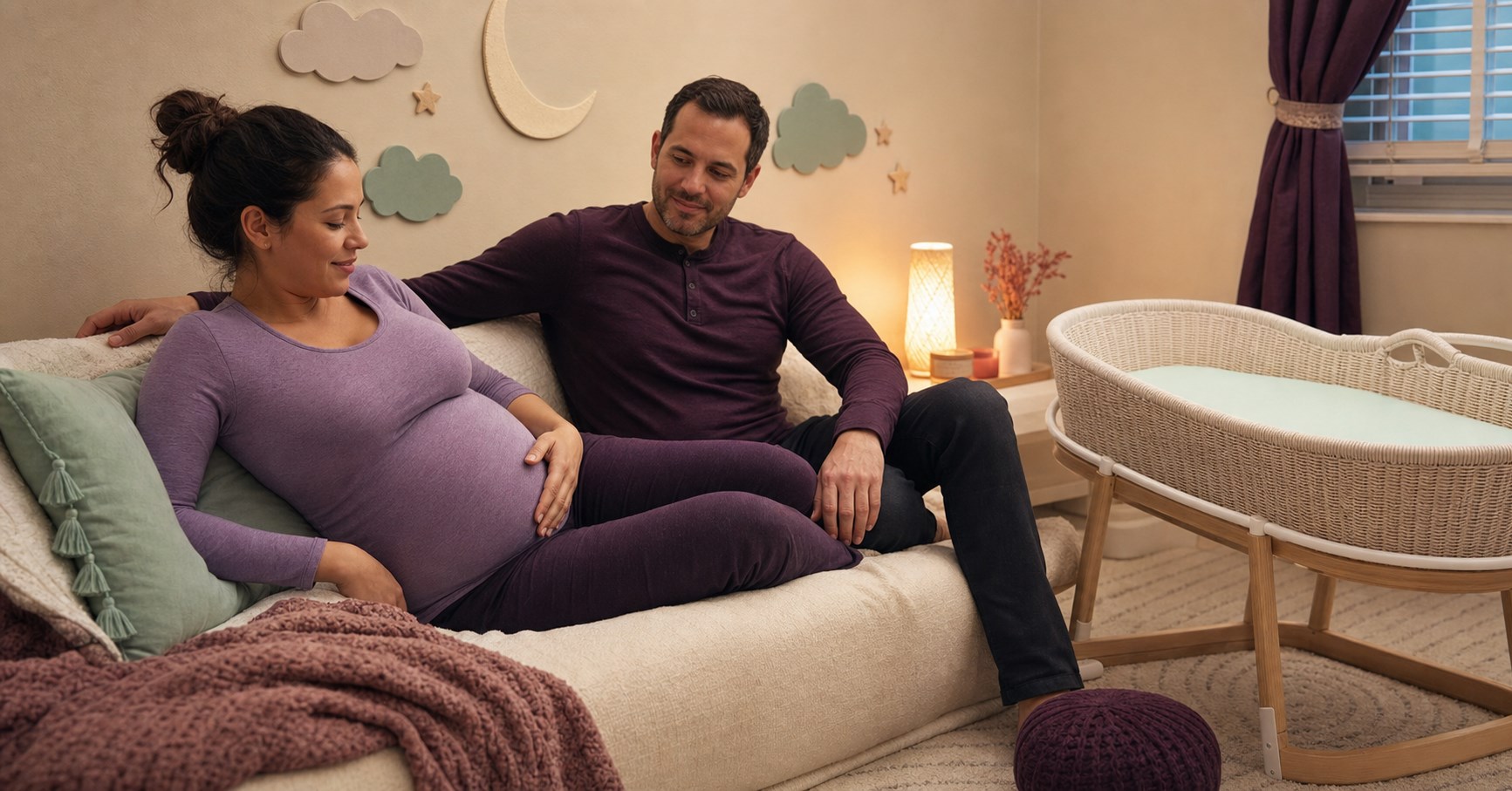 A pregnant mother rests a hand on her abdomen while reclining beside her partner and an empty bare bassinet.