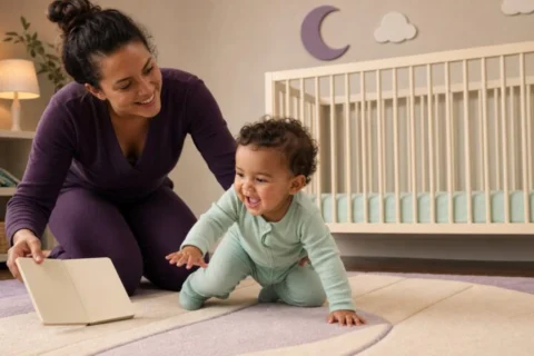 An energetic baby crawls across a firm floor mat while a smiling caregiver stays close with a blank board book.