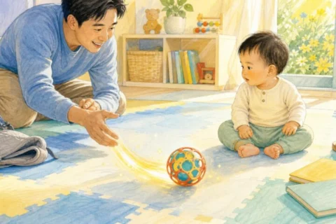 Father rolls a softly glowing ball to his seated baby on a play mat beside a folded baby carrier.