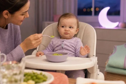 Baby in lavender pajamas makes a skeptical face as a parent offers a spoonful of peas at an evening meal.