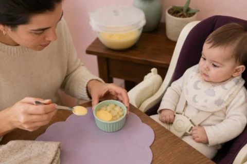A mother portions one small spoonful of plain custard beside mashed pear while a harnessed baby watches.