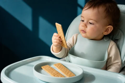 Editorial scene illustrating introducing graham crackers to your baby's diet in a bright home setting.