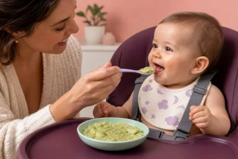 A mother offers a securely seated baby a small spoonful of smooth mashed lima beans from a mint bowl.