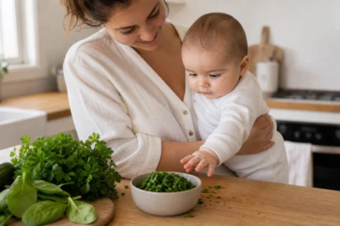 Parent holding a baby near a bowl of chopped parsley in a bright kitchen.