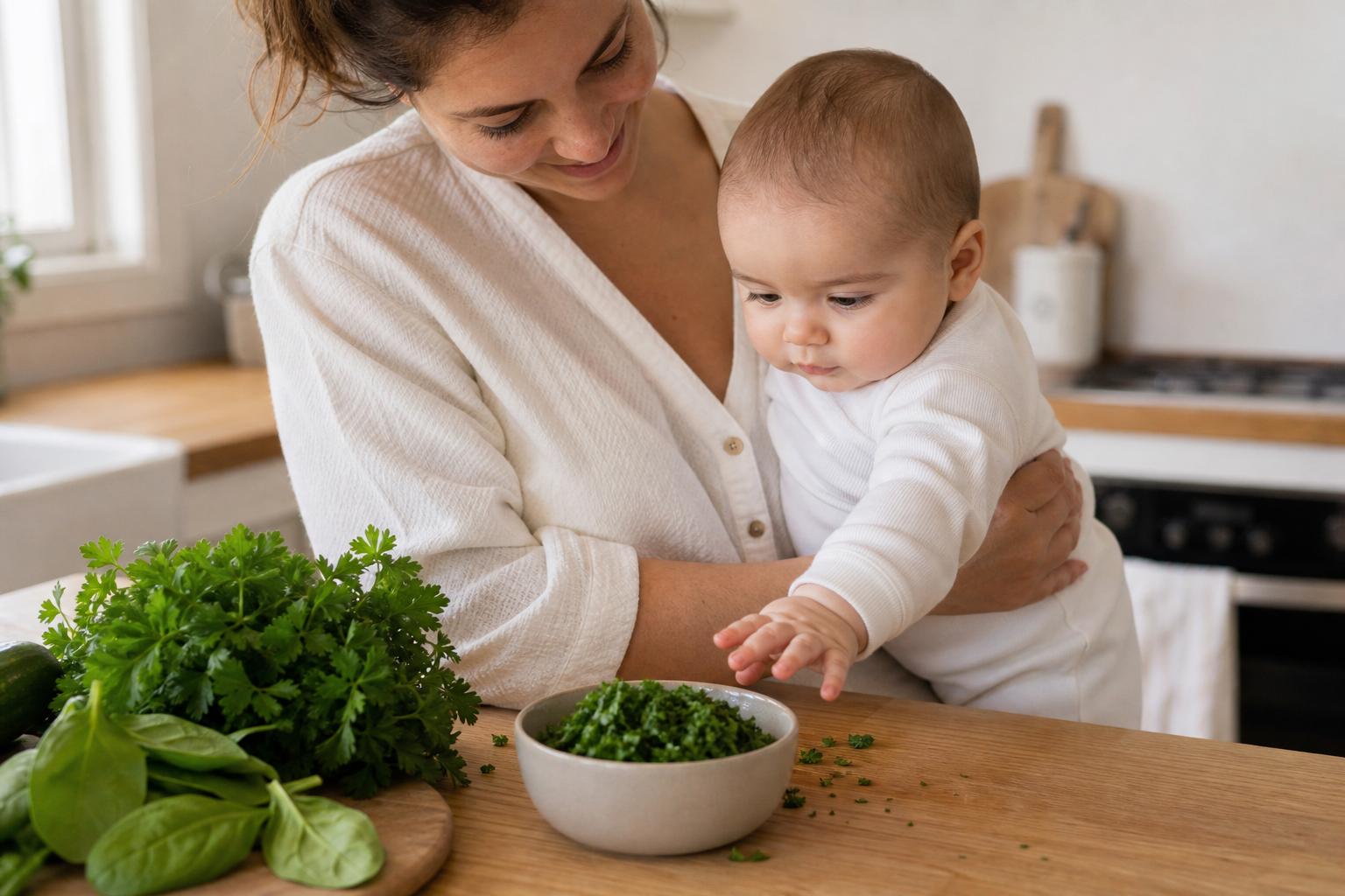 Parent holding a baby near a bowl of chopped parsley in a bright kitchen.