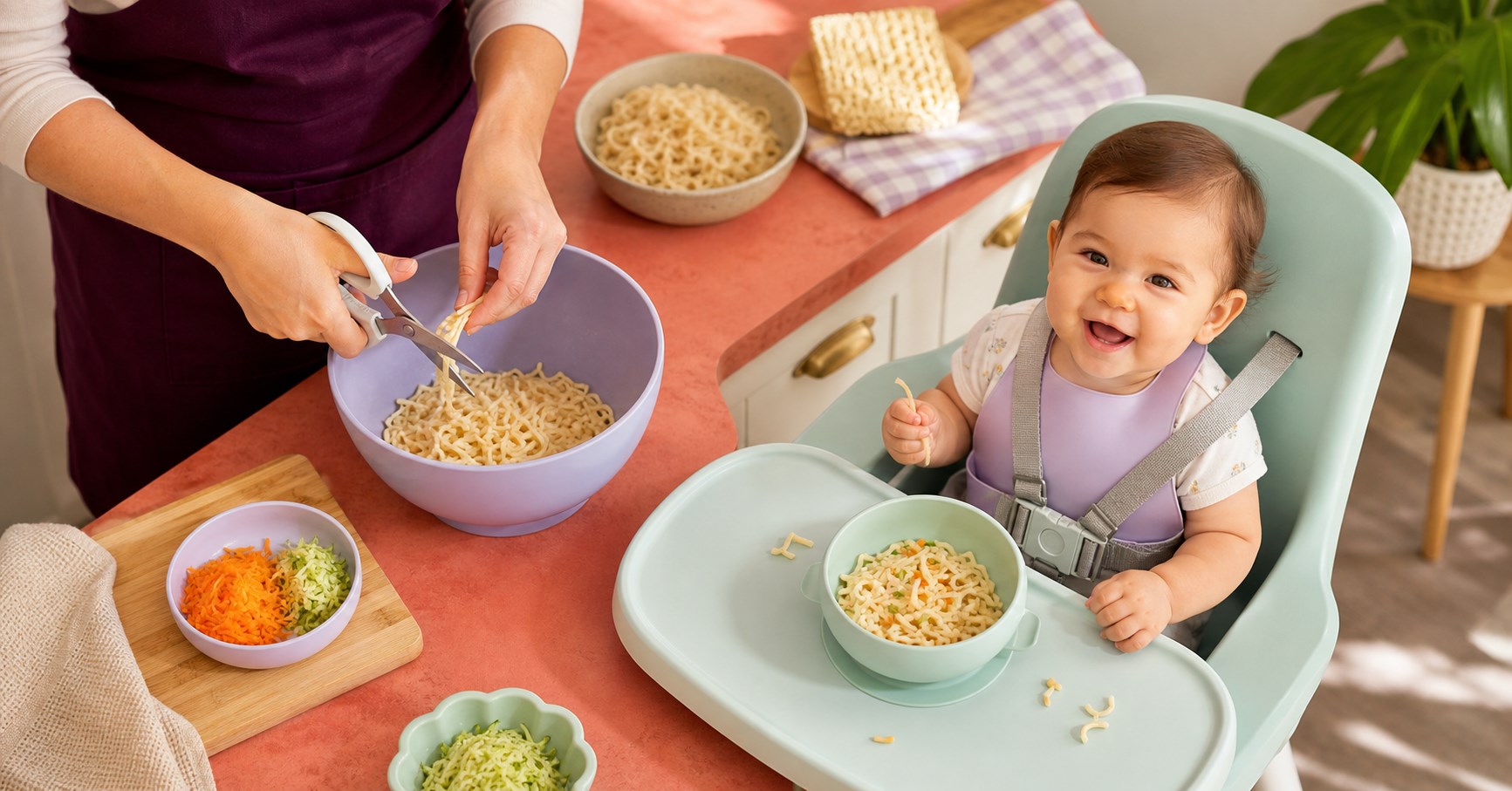 Caregiver cutting cooled soft noodles into short pieces while older baby waits harnessed with a small bowl