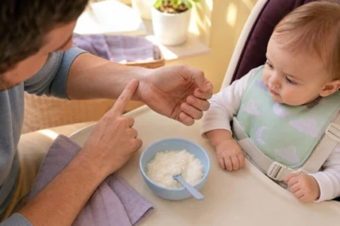 A father checks the temperature of a small bowl of plain soft rice pudding while a harnessed baby watches.