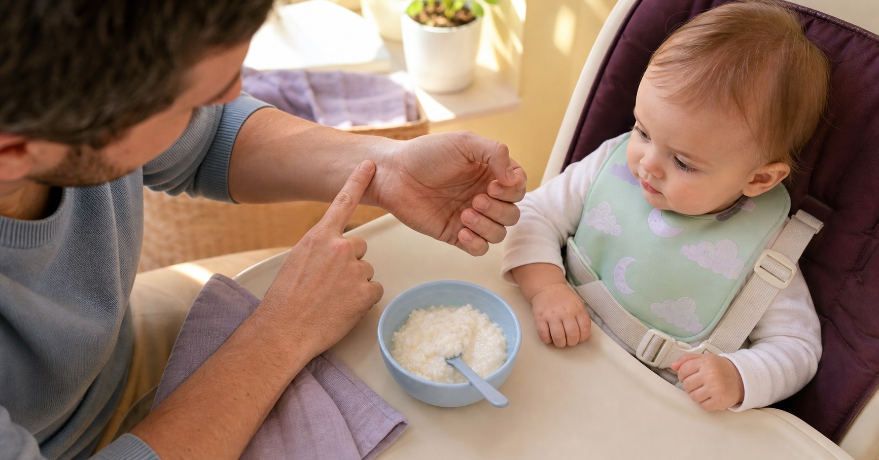 A father checks the temperature of a small bowl of plain soft rice pudding while a harnessed baby watches.
