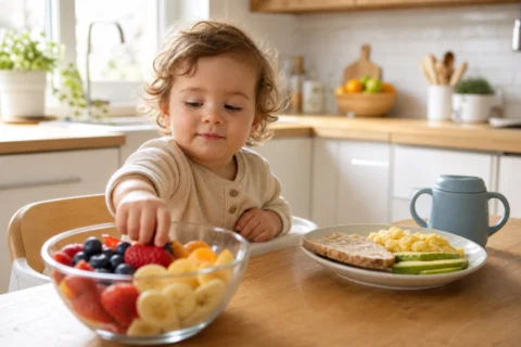 Editorial scene illustrating addressing the challenges when a baby eats only fruit in a bright home setting.