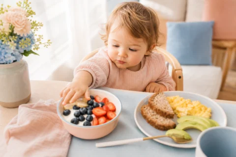 A toddler reaching for a bowl of fruit at a breakfast table.