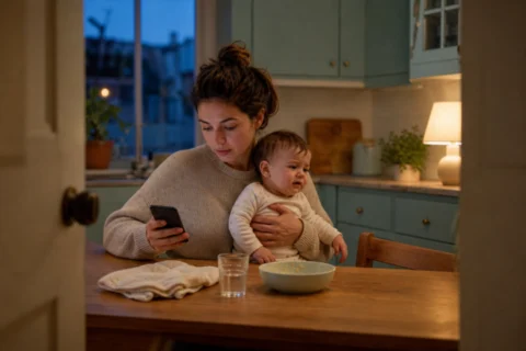 Caregiver holding a baby upright beside a phone, a glass of water, a towel, and a nearly empty bowl at a kitchen table.